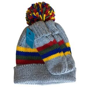 West Loop Kids Winter Hat Glove Set OS Gray Blue Red Mittens Pompom Beanie NEW
